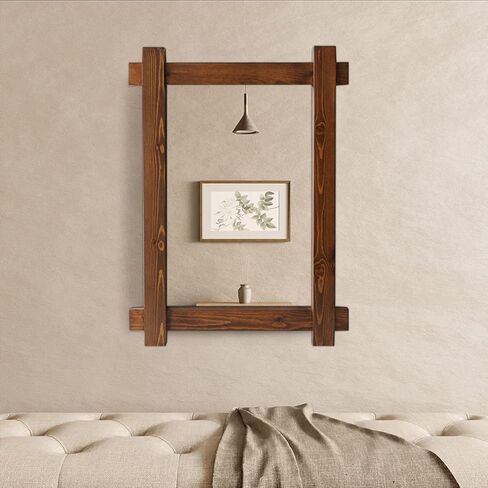مرآة حائط بإطار من الخشب الصلب من CrossROBBIN، مرآة زينة للحمام الريفي لديكور المزرعة، مقاس 81.28 سم × 60.96 سم، بني ريفي in Kuwait