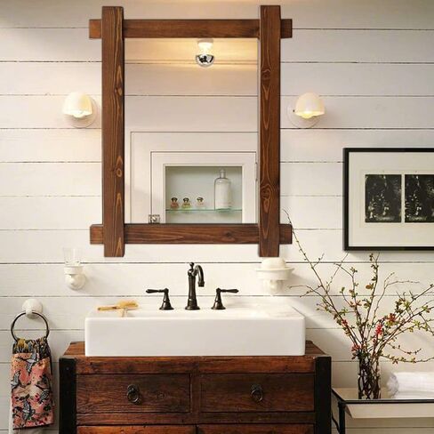 مرآة حائط بإطار من الخشب الصلب من CrossROBBIN، مرآة زينة للحمام الريفي لديكور المزرعة، مقاس 81.28 سم × 60.96 سم، بني ريفي in Kuwait