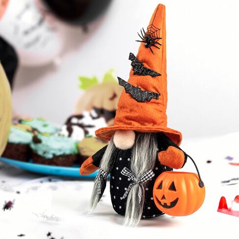 ديكور قطيفة للهالوين من D-FantiX، قطعتان من زخارف Tomte السويدية Gnome Nisse الاسكندنافية المصنوعة يدويًا مع قبعة ساحرة برتقالية وفانوس اليقطين لتزيين طاولة الهالوين in Kuwait