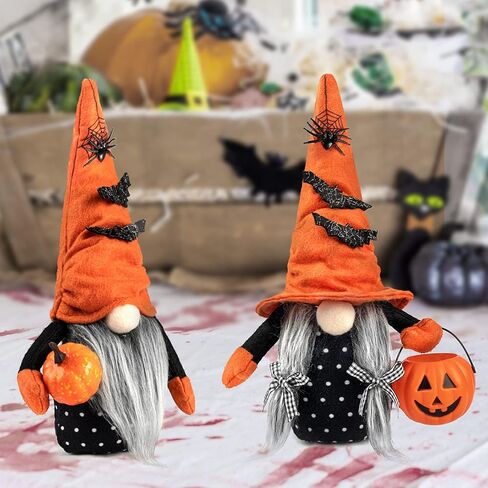 ديكور قطيفة للهالوين من D-FantiX، قطعتان من زخارف Tomte السويدية Gnome Nisse الاسكندنافية المصنوعة يدويًا مع قبعة ساحرة برتقالية وفانوس اليقطين لتزيين طاولة الهالوين in Kuwait