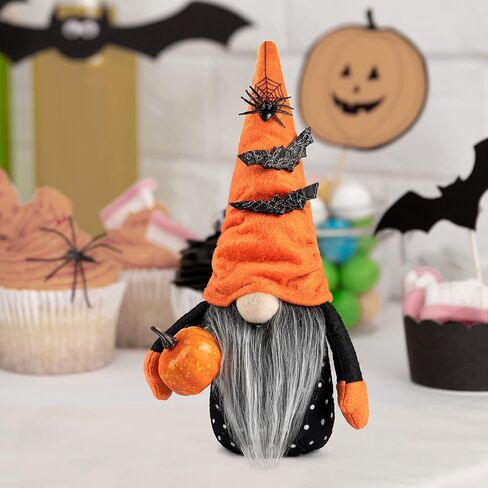 ديكور قطيفة للهالوين من D-FantiX، قطعتان من زخارف Tomte السويدية Gnome Nisse الاسكندنافية المصنوعة يدويًا مع قبعة ساحرة برتقالية وفانوس اليقطين لتزيين طاولة الهالوين in Kuwait