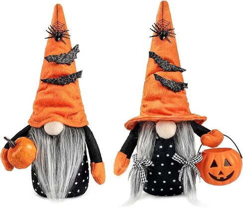 ديكور قطيفة للهالوين من D-FantiX، قطعتان من زخارف Tomte السويدية Gnome Nisse الاسكندنافية المصنوعة يدويًا مع قبعة ساحرة برتقالية وفانوس اليقطين لتزيين طاولة الهالوين in Kuwait