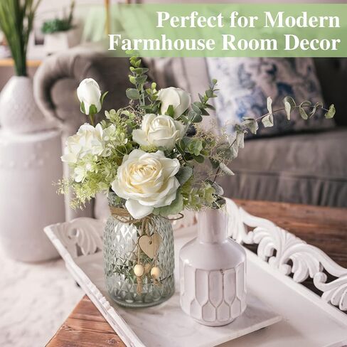 زهور وهمية مع مزهرية، ورود بيضاء زهور صناعية في مزهرية زهور حريرية لديكور المنزل الداخلي، زهور صناعية للمزهرية قطع مركزية للطاولات ترتيب زهور صناعية لحفلات الزفاف والمكتب المنزلي in Kuwait