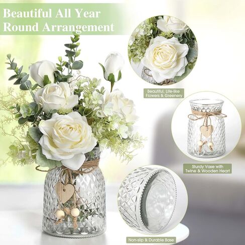 زهور وهمية مع مزهرية، ورود بيضاء زهور صناعية في مزهرية زهور حريرية لديكور المنزل الداخلي، زهور صناعية للمزهرية قطع مركزية للطاولات ترتيب زهور صناعية لحفلات الزفاف والمكتب المنزلي in Kuwait