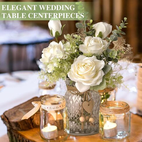 زهور وهمية مع مزهرية، ورود بيضاء زهور صناعية في مزهرية زهور حريرية لديكور المنزل الداخلي، زهور صناعية للمزهرية قطع مركزية للطاولات ترتيب زهور صناعية لحفلات الزفاف والمكتب المنزلي in Kuwait