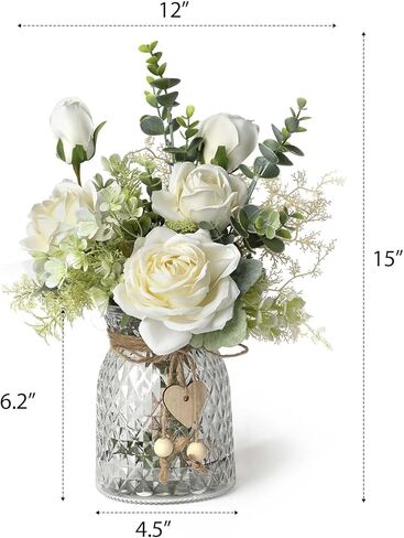 زهور وهمية مع مزهرية، ورود بيضاء زهور صناعية في مزهرية زهور حريرية لديكور المنزل الداخلي، زهور صناعية للمزهرية قطع مركزية للطاولات ترتيب زهور صناعية لحفلات الزفاف والمكتب المنزلي in Kuwait