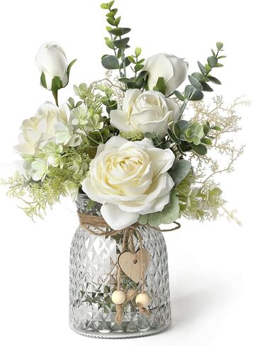 زهور وهمية مع مزهرية، ورود بيضاء زهور صناعية في مزهرية زهور حريرية لديكور المنزل الداخلي، زهور صناعية للمزهرية قطع مركزية للطاولات ترتيب زهور صناعية لحفلات الزفاف والمكتب المنزلي in Kuwait