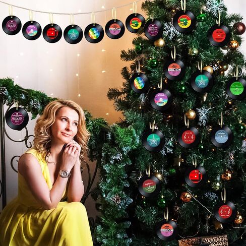 Hotop 48 Pcs Music Records Christmas Ornaments Paper Retro Record Ornament Musical Christmas Tree Ornaments Paper Xmas Golden in Saudi Arabia