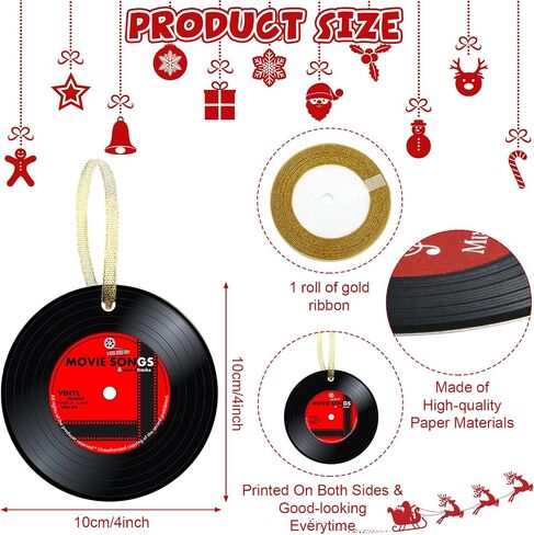 Hotop 48 Pcs Music Records Christmas Ornaments Paper Retro Record Ornament Musical Christmas Tree Ornaments Paper Xmas Golden in Saudi Arabia