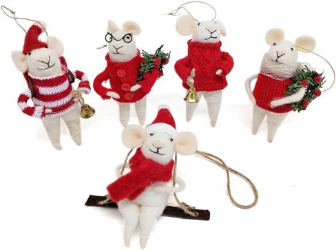 ZJHBONE Wool Felted 5 Pieces Christmas Mouse Ornament Hanging,Felted Animal mice Christmas Tree for Docera. in Saudi Arabia