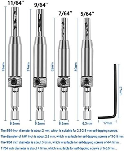 مجموعة رؤوس مثقاب المفصلات ذاتية التمركز من Beeiee، مثقاب مفصلي ذاتي المركز للباب مع ساق سداسية 1/4 بوصة 5/64 بوصة، 7/64 بوصة، 9/64 بوصة، 11/64 بوصة in Kuwait