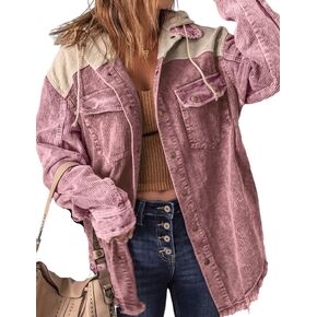 APAFES Fall Brown Corduroy Jacket Shacket Women with Drawstring Hood Oversized Vintage Color Block Shirts Coat