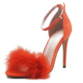 YIBLBOX Women's Open Toe Sandal Fluffy Feather Lace Up Strappy High Heel Shoes