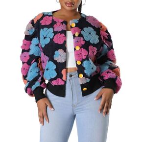 Alunzoem Wool Coats for Women Flower Bomber Jacket Long Sleeve Button Down Fashion Sweater Jackets Outerwear
