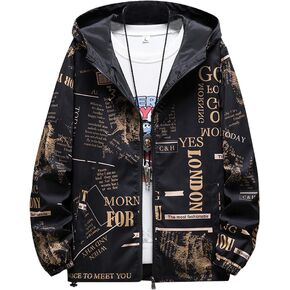 KENAIJING Mens Windproof Lightweight Trench Jacket With Hood Zipper Windbreaker Outdoor Prints Jacket For Hiking Travel