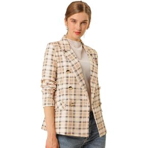 Allegra K Women's Notched Lapel Double Breasted Plaid Blazer Jacket