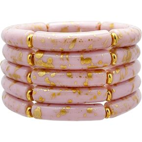 FUNOJOY Chunky Bracelets for Women Acrylic Bamboo Tube Jelly Bangles Bracelets Beaded Stackable Bracelets Elastic Stretch Bracelets Gift for Women Girls