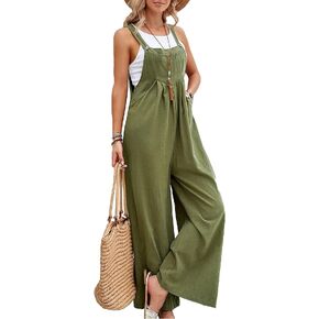 Oulivey Women's Cotton Linen Wide Leg Jumpsuits Sleeveless Loose Adjustable Shoulder Straps Baggy Overalls with Pockets