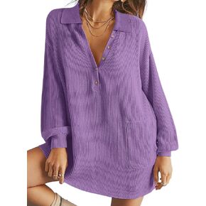 DEEP SELF Women's V Neck Oversized Mini Sweater Dress Long Lantern Sleeve Knit Ribbed Button Casual Fall Dresses with Pockets