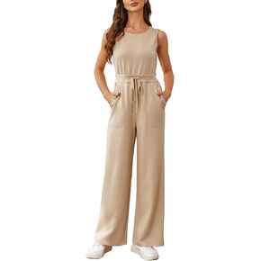 Glamaker Women's Air Essentials Jumpsuit Casual Loose Wide Leg Jumpsuits Crew Neck Sleeveless Long Rompers Pants Overalls