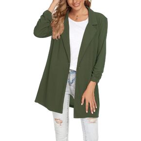 Unifizz Women's Long Ruched Sleeve Blazers Open Front Lightweight Slim Lapel Button Blazer Work Office Jacket