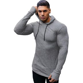 KELLORENA Men's Muscle Hoodies Stretch Long Sleeve Hooded Sweatshirt Fashion Lightweight Ribbed Gym Shirt in Saudi Arabia