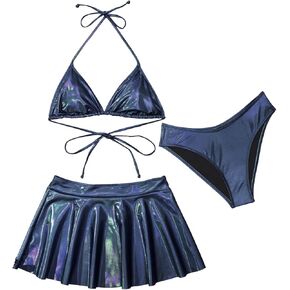 3 Piece Triangle Swimsuits for Women Metallic Bikini Sets Thong Bathing Suit with Beach Skirt Sexy Festival Rave Outfits