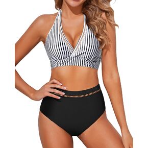 Tempt Me Women Two Piece Swimsuits High Waisted Bikini Sets Halter Tummy Control Bathing Suits with Full Coverage Bottoms