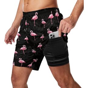 Cerburny Mens Swim Trunks with Compression Liner Men Beach Shorts Bathing Suit Quick Dry Printed Swimming Short with Pockets