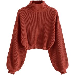 ZAFUL Women's Turtleneck Drop Shoulder Ribbed Knit Plain Pullover Scalloped Hem Crop Sweater Jumper