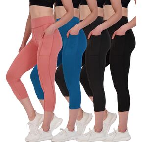 Real Essentials 4 Pack: Women's Capri Leggings with Pockets Casual Yoga Workout Exercise Pants (Available in Plus Size)