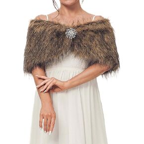 GORAIS Women's Faux Fur Shawls and Wraps Wedding Fur Scarf Short Bridal Fur Shrugs with Brooch for Bride and Bridesmaids