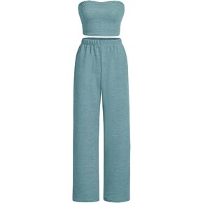 Floerns Women's 2 Piece Outfit Bandeau Crop Tube Top and Wide Leg Pants Set