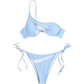 WDIRARA Women's One Shoulder Sheer Bikini Swimsuit Bathing Suit Swimwear