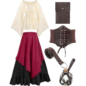Hillban Women Medieval Renaissance Dress Costume Halloween Pirate Costume Set of Blouse Top, Skirt,Pouch,Corset, Belt, Bottle