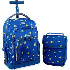 J World Lollipop Kids Rolling Backpack & Lunch Bag Set for Elementary School. Carry-On Suitcase with Wheels, Spaceship