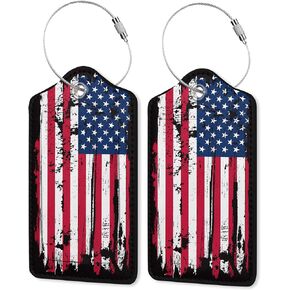 2 Pack Luggage Tag for Suitcase,American Flag Leather Suitcase Tags Identifiers with Privacy Name Address Labels & Durable Steel Loop for Women/Men Travel