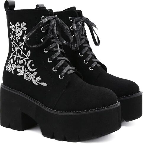 rui yue Womens Platform Boots Round Toe Chunky Ankle Boots Punk Boots Lace Up&Zipper Combat Boots in Kuwait