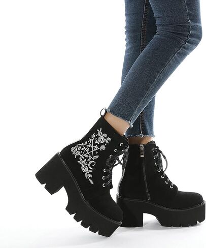 rui yue Womens Platform Boots Round Toe Chunky Ankle Boots Punk Boots Lace Up&Zipper Combat Boots in Kuwait