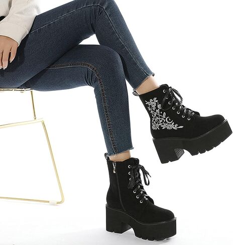 rui yue Womens Platform Boots Round Toe Chunky Ankle Boots Punk Boots Lace Up&Zipper Combat Boots in Kuwait