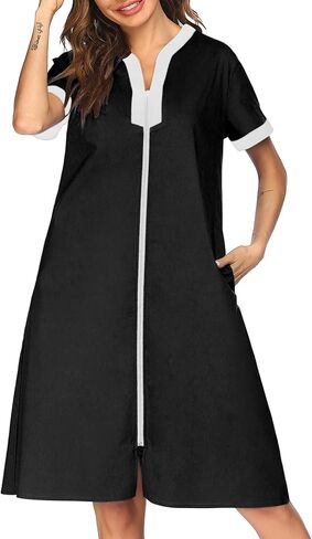 Ekouaer Housecoat المرأة سستة الجبهة منفضة رداء قصير الأكمام المتسكعون جيوب ثوب النوم ليالي عادية S-XXXL in Saudi Arabia