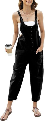 ملابس نسائية من Omoone من القطن والكتان لفصل الصيف غير رسمية بأشرطة للربط مريلة واسعة الساق مع جيوب in Kuwait