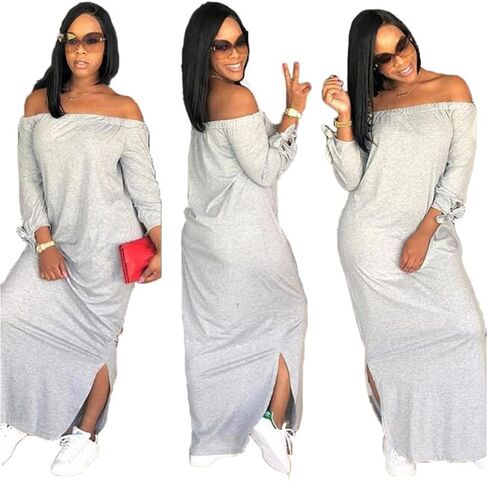 OLUOLIN Women's Casual Letter Print Off Shoulder Long Sleeve Bowknot Sides Slit Loose Long T-Shirt Maxi Dress in Kuwait