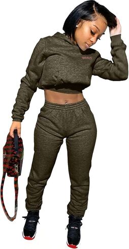 Akmipoem Jogging Suits for Women 2 Piece Sweatsuits Tracksuits Outfits Sexy Long Sleeve Crop Hoodie Bodycon Pants Sets in Kuwait