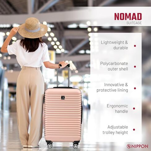 حقيبة NIPPON Luggage Nomad ذات الجانب الصلب الدوار مع عجلات للنساء والرجال، خفيفة الوزن، ذات هيكل صلب للسفر، قوية للغاية ومتينة، من البولي كربونات الممتاز، دامسون، متوسط in Kuwait