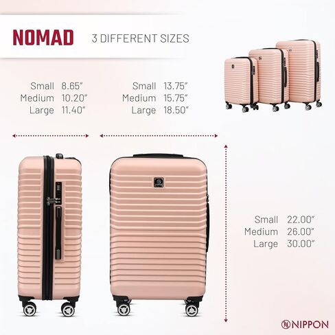 حقيبة NIPPON Luggage Nomad ذات الجانب الصلب الدوار مع عجلات للنساء والرجال، خفيفة الوزن، ذات هيكل صلب للسفر، قوية للغاية ومتينة، من البولي كربونات الممتاز، دامسون، متوسط in Kuwait