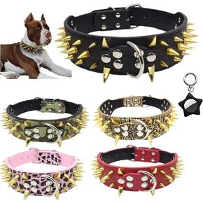 Sharp Spiked Dog Collar 2" Wide Leather Gold Rivet Studded with Airtag Case Durable Adjustable for Medium Breed Girl Boy Puppy Pet Pit Bull Bulldog Pugs Husky Rottweiler Black Large in Kuwait