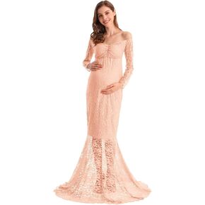 MYRISAM Pregnant Women Lace Mermaid Slim Fit Maxi Gown Maternity Long Sleeve V-Neck Wedding Photography Baby Shower Dress