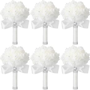 Jutom 6 Pack Wedding Bouquets for Bride Roses Bridesmaid Bouquet Bridal Bouquet Flowers Wedding Hand Holding Bouquet with Diamond Soft Ribbons for Engagement Bridal Shower Church Party (Royal Blue)
