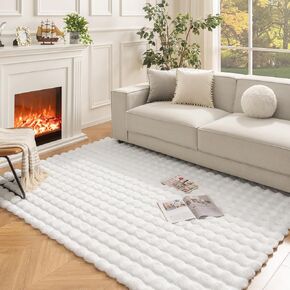 Ashler Faux Rabbit Fur Rug, White 4x6 FT Fluffy Soft Area Rug, Rectangle Fuzzy Carpet for Living Room, Bedroom, Machine Washable Shaggy Nursery Rug - 3D Bubble Rug
